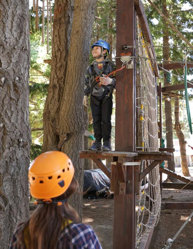 Grupo de amigos disfrutando del circuito de altura en el bosque